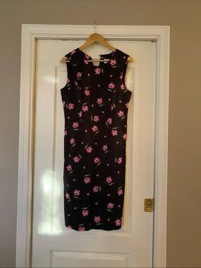 Milly Black Midi Sheath Dress with Pink Floral Print